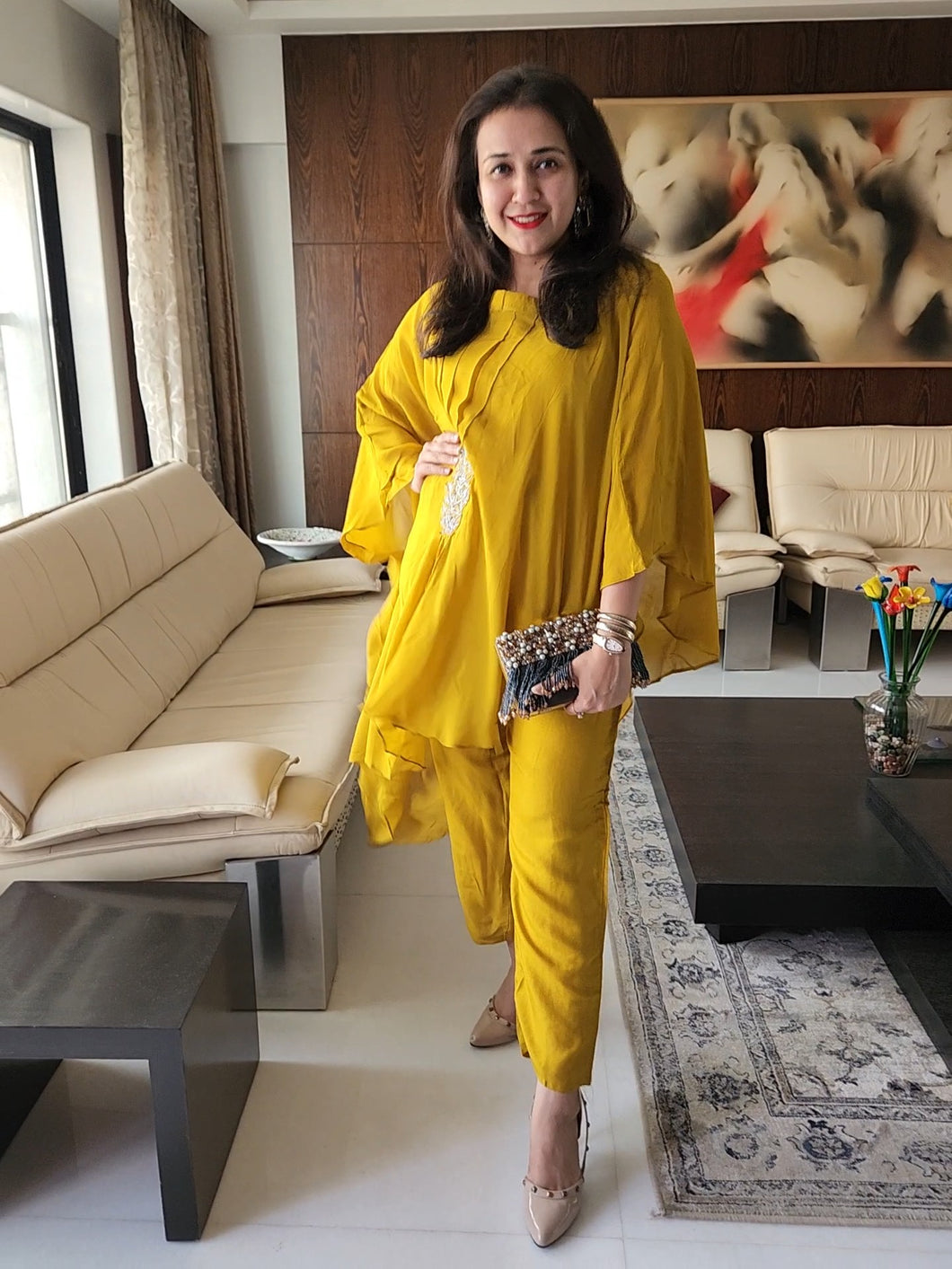 Malaika yellow asymmetric drape set