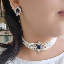 Load image into Gallery viewer, Blue sapphire pearl and diamond choker
