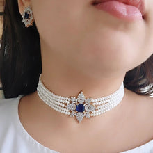 Load image into Gallery viewer, Blue sapphire pearl and diamond choker
