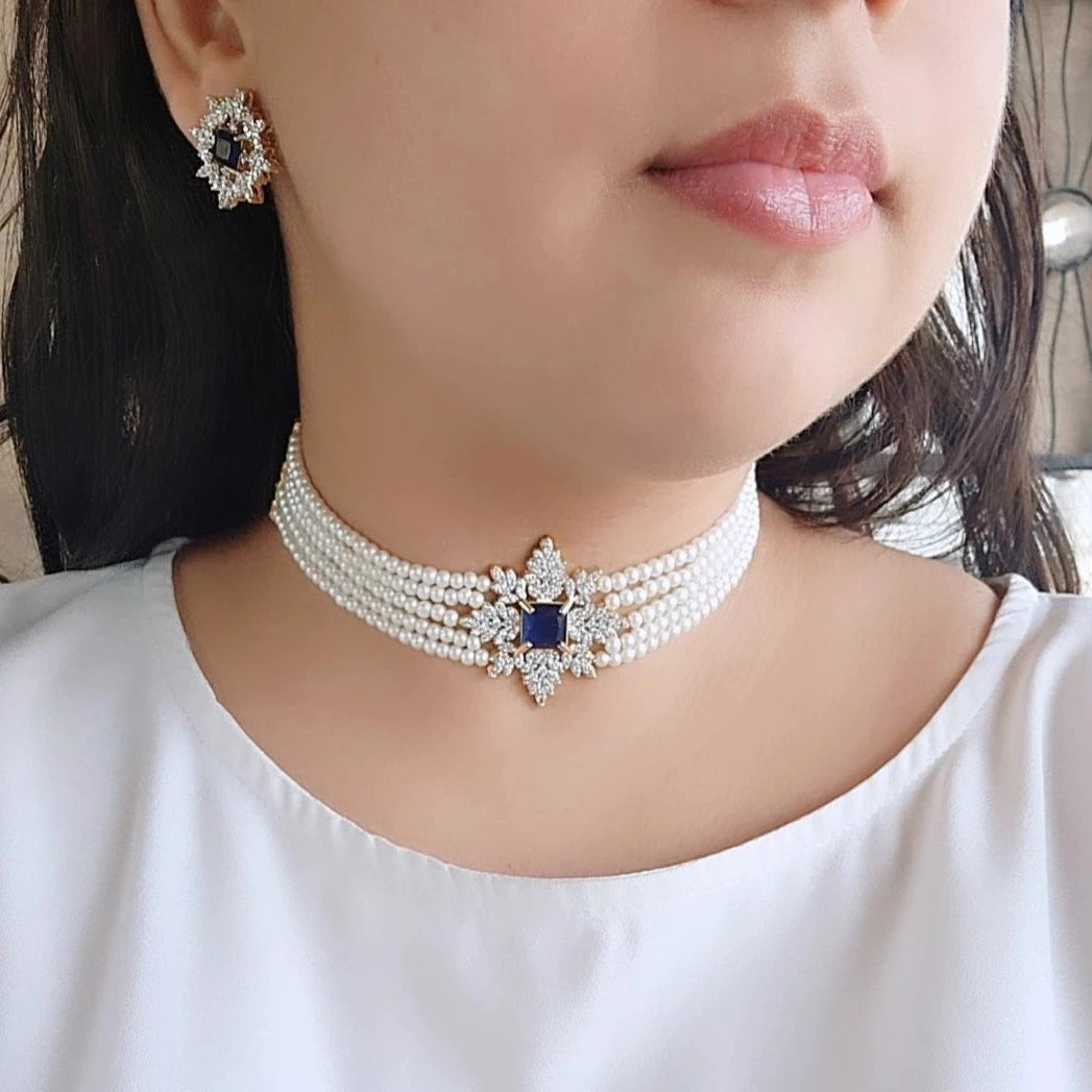 Blue sapphire pearl and diamond choker