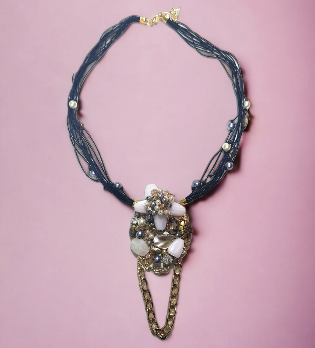 Embellished cluster semi precious necklace- charcoal