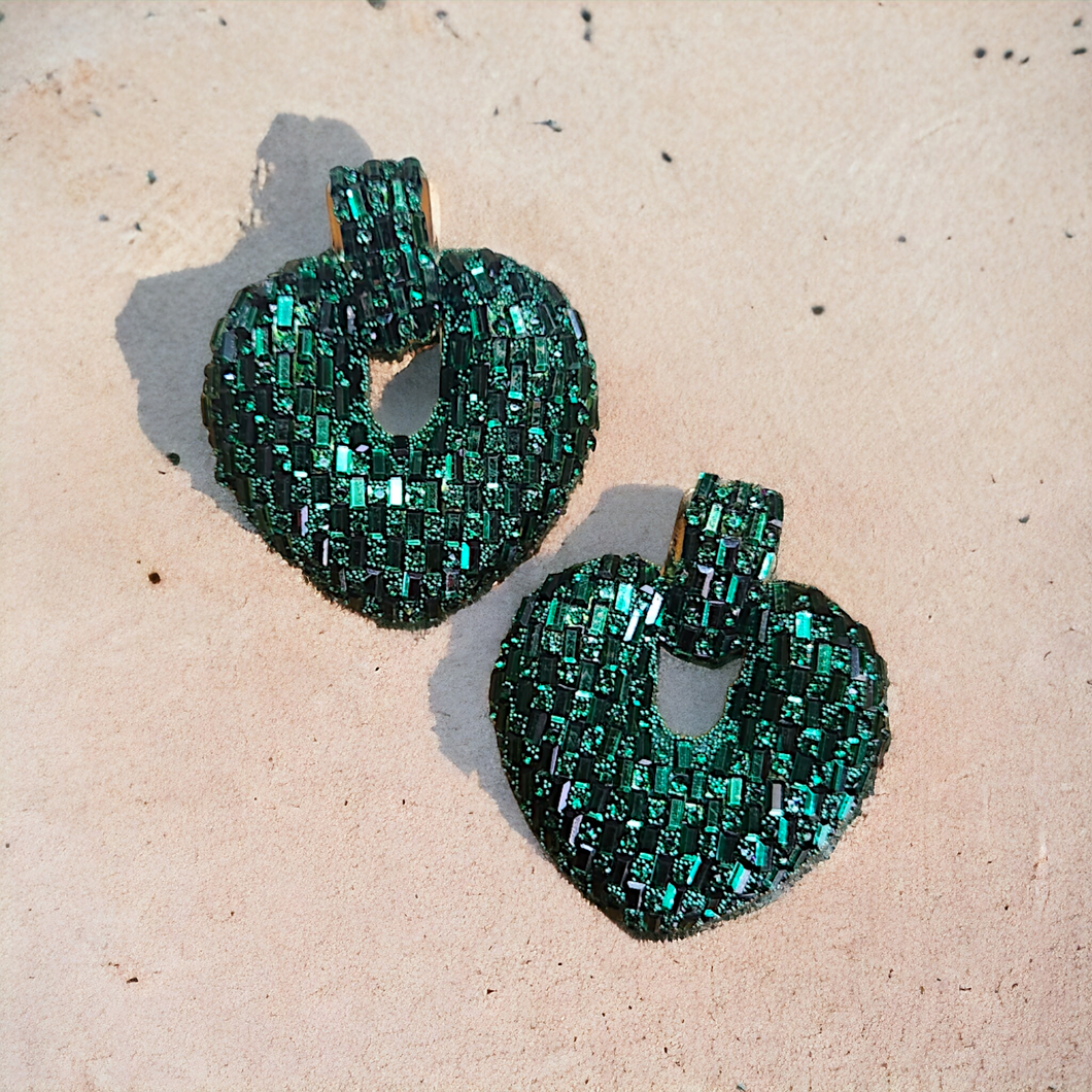 Statement Rhinestones earrings- emerald heart