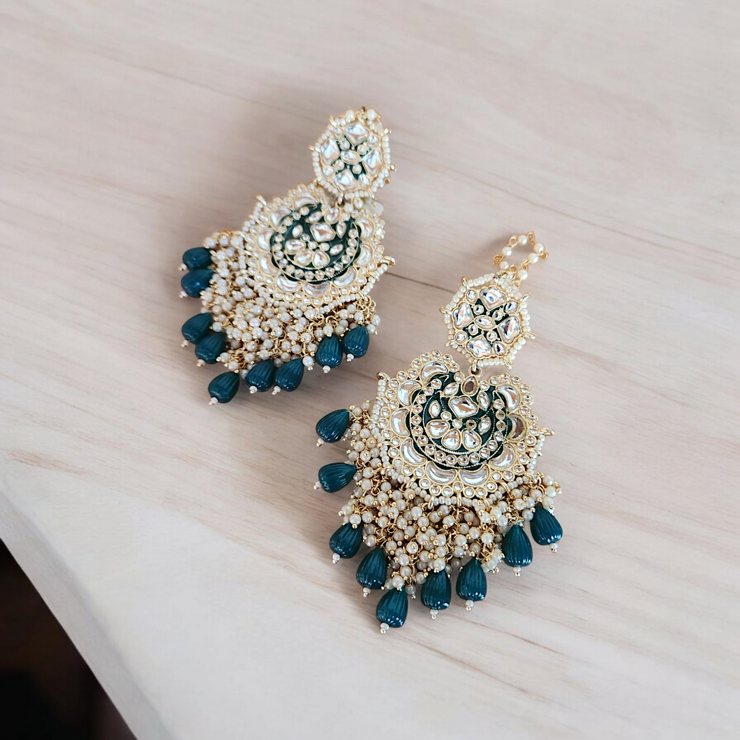 Kundan and emerald meenakari earrings