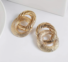 Load image into Gallery viewer, Crossed Circular Gold Plated Drop Earrings
