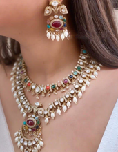 Load image into Gallery viewer, Moissanite Multicoloured layered Rani haar Polki Uncut Necklace Set
