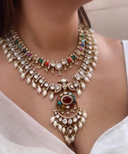 Load image into Gallery viewer, Moissanite Multicoloured layered Rani haar Polki Uncut Necklace Set
