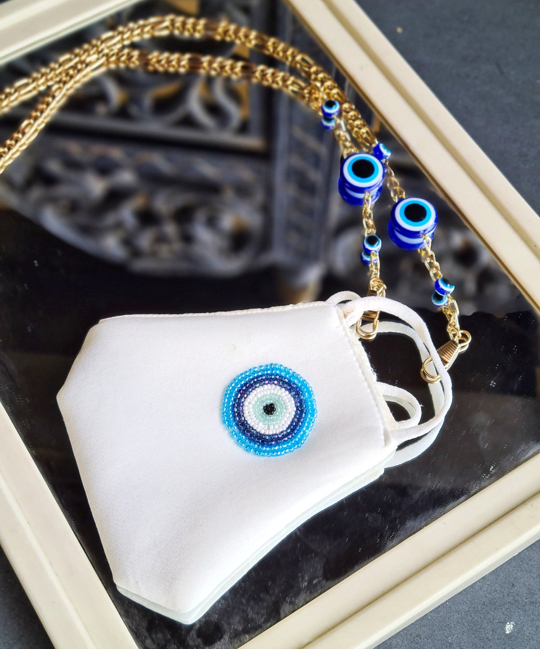 Evil eye white mask with mask chain
