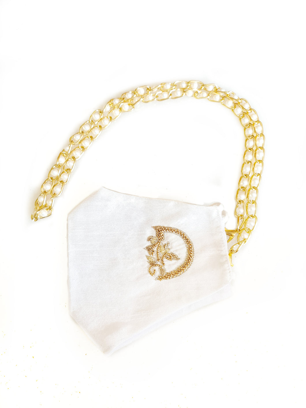 Customised initials white silk mask and chain set