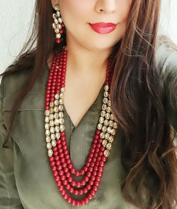 Classic long red beaded kundan set